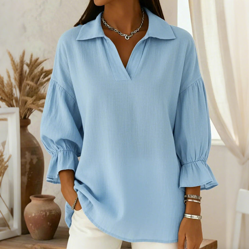 Women's Lapel V-Neck Top with 3/4 Lantern Sleeves