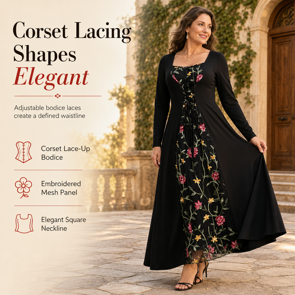 Women's Square Neck Lace Up Corset Maxi Dress with Floral Embroidered Mesh Panel