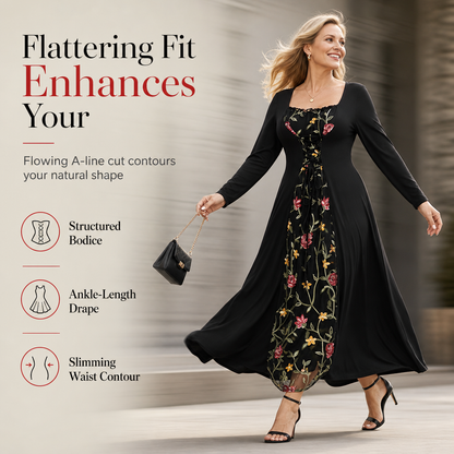 Women's Square Neck Lace Up Corset Maxi Dress with Floral Embroidered Mesh Panel