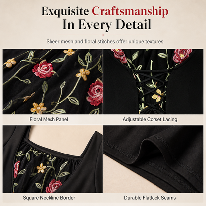 Women's Square Neck Lace Up Corset Maxi Dress with Floral Embroidered Mesh Panel