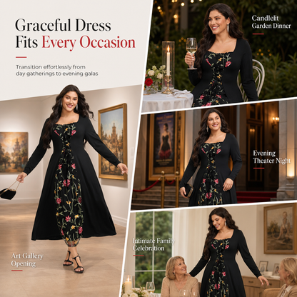 Women's Square Neck Lace Up Corset Maxi Dress with Floral Embroidered Mesh Panel