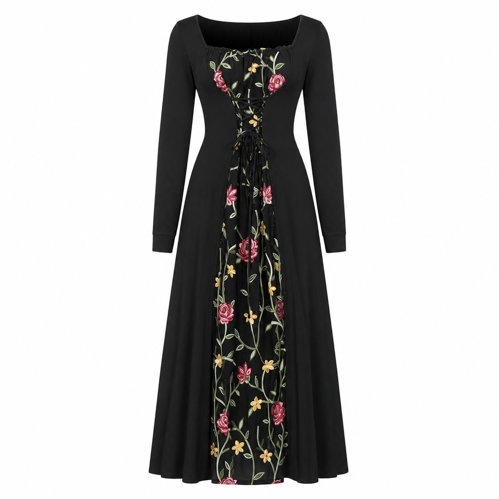 Women's Square Neck Lace Up Corset Maxi Dress with Floral Embroidered Mesh Panel