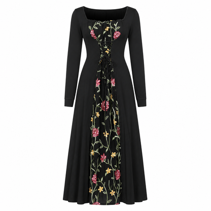 Women's Square Neck Lace Up Corset Maxi Dress with Floral Embroidered Mesh Panel
