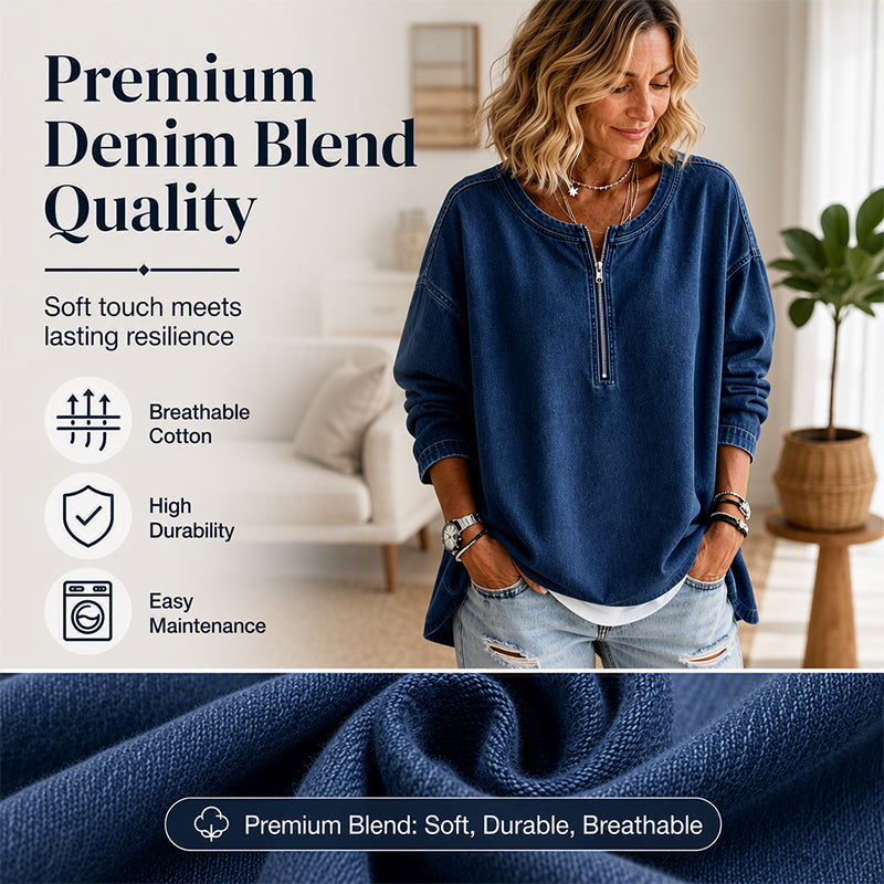 Women's Long Sleeve Half-Zip Denim Pullover