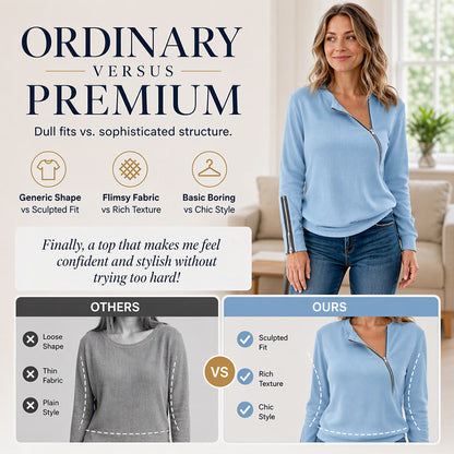 Women's Ribbed Knit Top with Asymmetrical Zipper