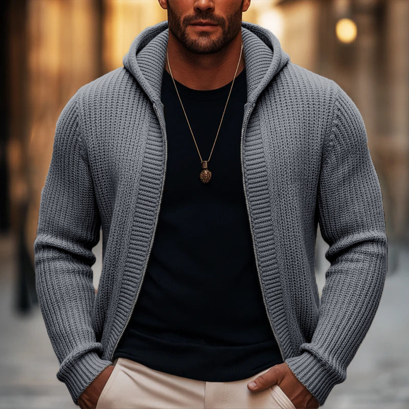 Men's Casual Zip-Up Hooded Knit Sweater