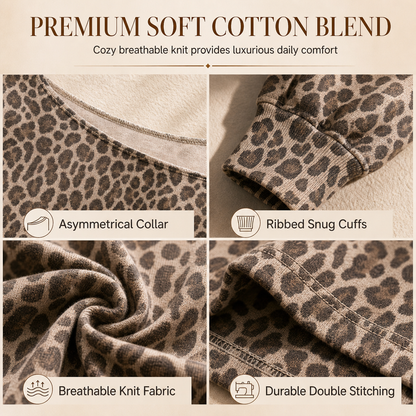 👚✨Casual Leopard Print Off Shoulder Sweatshirt Loose Long Sleeve Cotton Blend Pullover Top