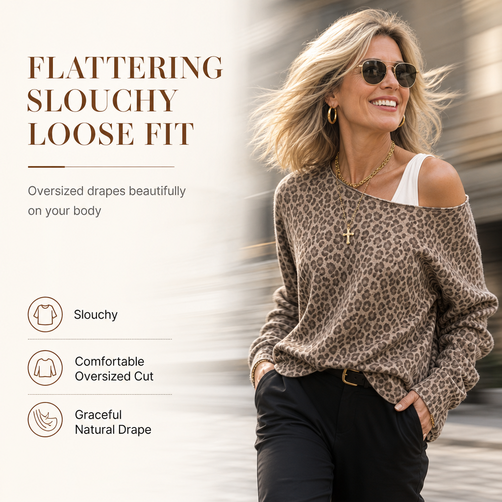 👚✨Casual Leopard Print Off Shoulder Sweatshirt Loose Long Sleeve Cotton Blend Pullover Top
