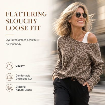 👚✨Casual Leopard Print Off Shoulder Sweatshirt Loose Long Sleeve Cotton Blend Pullover Top