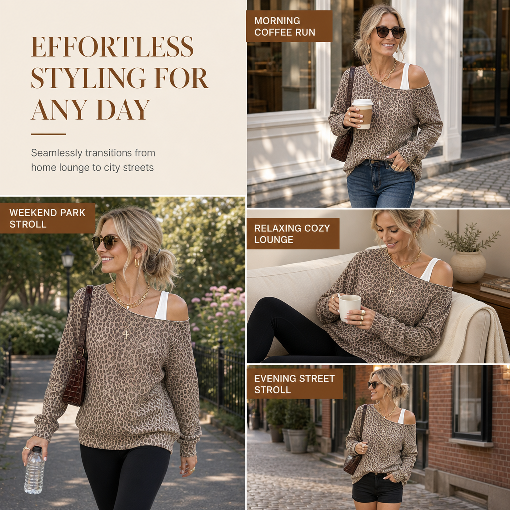 👚✨Casual Leopard Print Off Shoulder Sweatshirt Loose Long Sleeve Cotton Blend Pullover Top