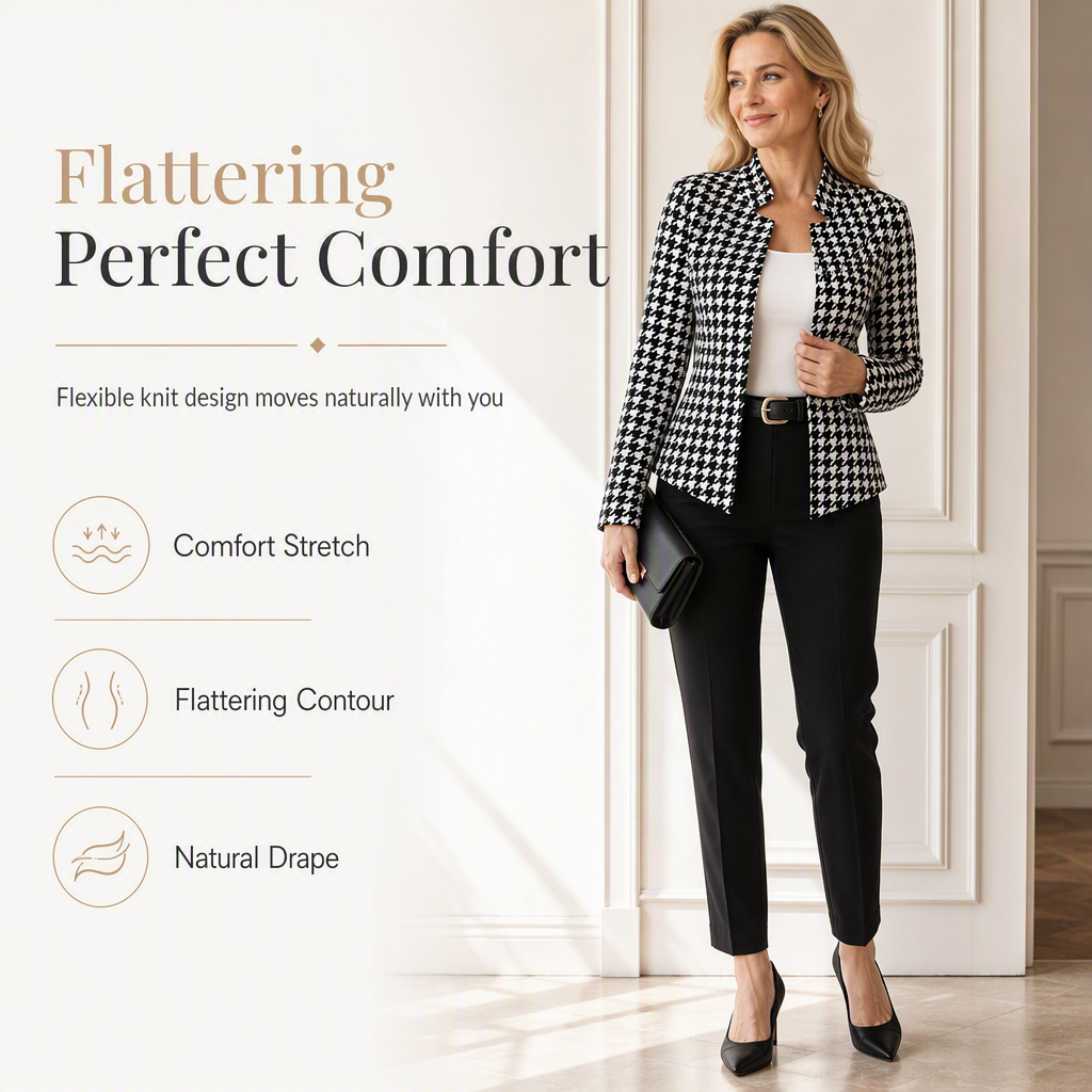 Houndstooth Open Front with Split Stand Collar and Slim Fit Design