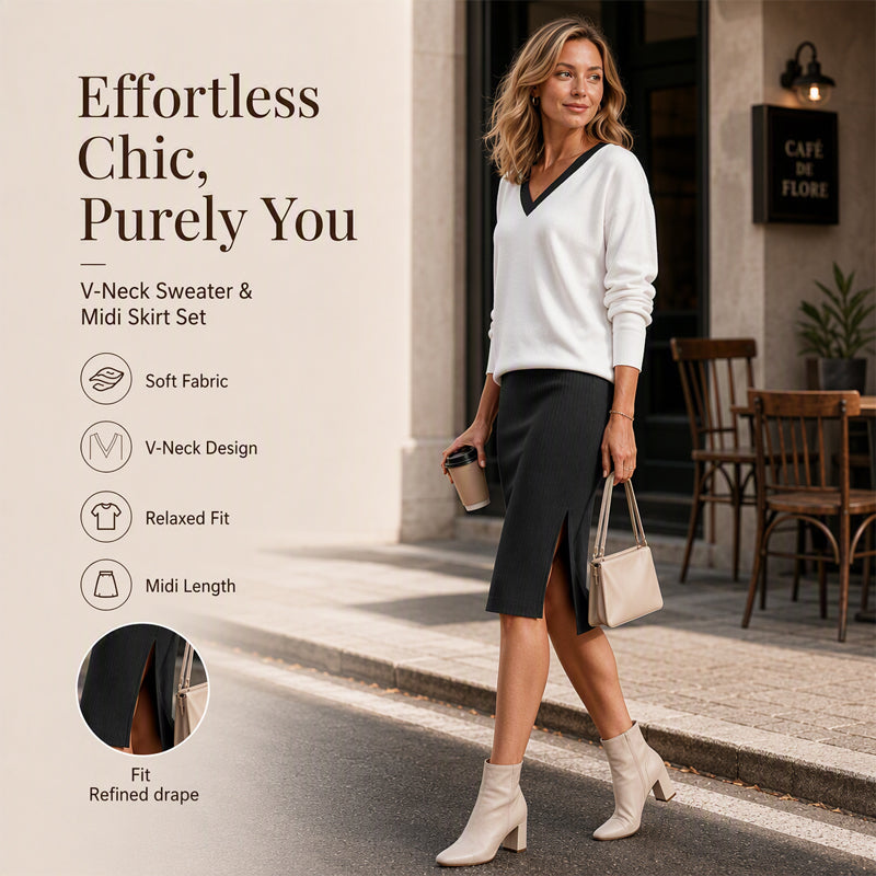 Women's Long Sleeve V-Neck Top & Ribbed Skirt Set