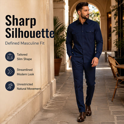 Men Two Piece Polyester Shirt Pants Set