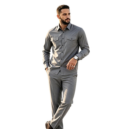 Men Two Piece Polyester Shirt Pants Set