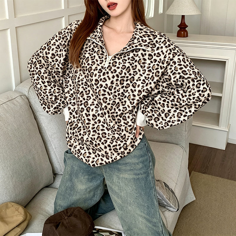 Women's Leopard Print Quarter-Zip Sweatshirt