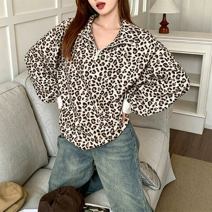 Women's Leopard Print Quarter-Zip Sweatshirt