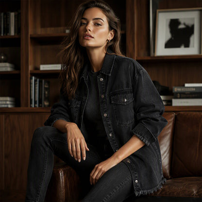 Women's Frayed Hem Washed Denim Jacket
