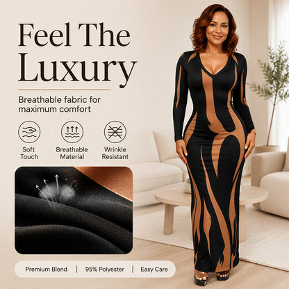 Women's Printed Long Sleeve Bodycon Maxi Dress