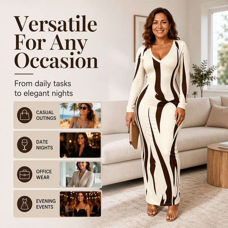 Women's Printed Long Sleeve Bodycon Maxi Dress