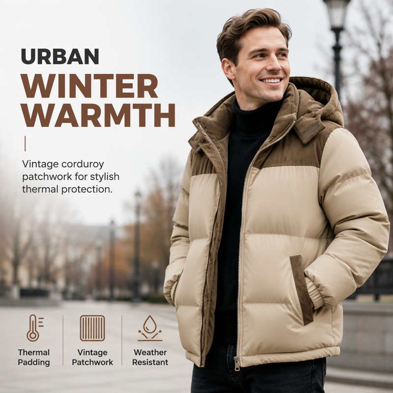 Men's Winter Color-Block Puffer Hooded Jacket