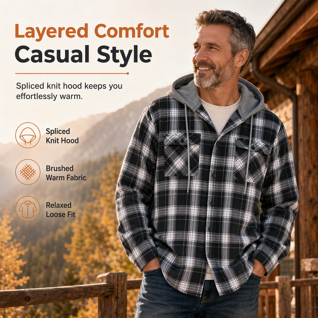 ✨ Men's Plaid Zip Up Hoodie Loose Fit American Style Brushed Hooded Sweatshirt