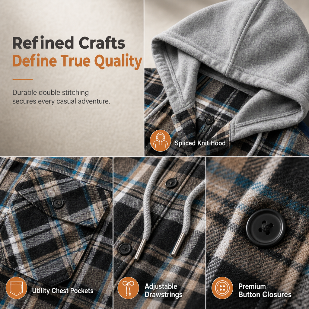 ✨ Men's Plaid Zip Up Hoodie Loose Fit American Style Brushed Hooded Sweatshirt
