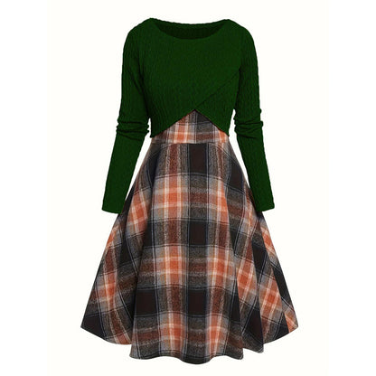 Women's Elegant Plaid Dress and Crop Top Set