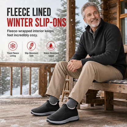 Men's Winter Fleece Lined Waterproof Slip On Shoes Non Slip Soft Sole Warm Casual Cotton Cloth Shoes for Seniors