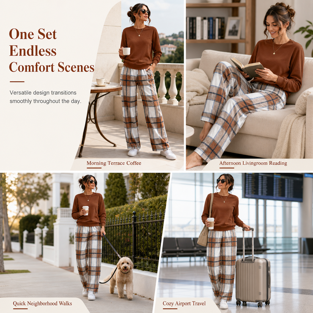 Women's Soft Casual Crewneck Sweatshirt and Wide Leg Pants Set