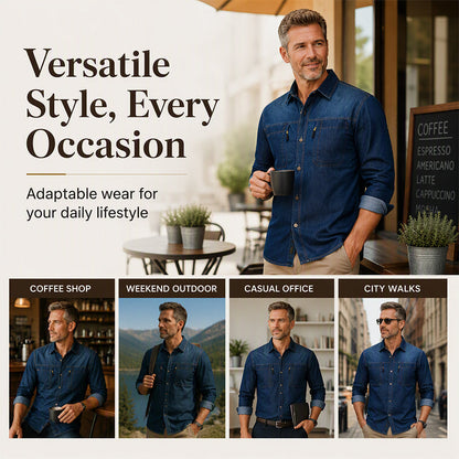 Men's Casual Denim Shirt with Zipper Pockets