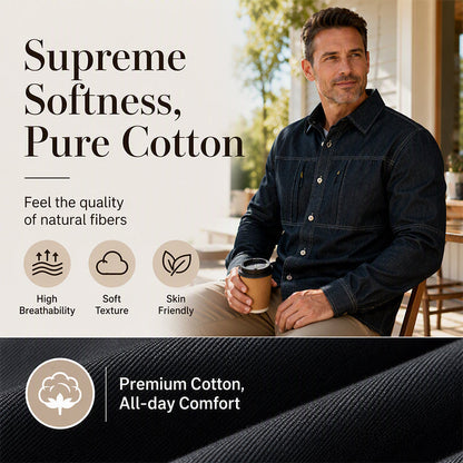 Men's Casual Denim Shirt with Zipper Pockets