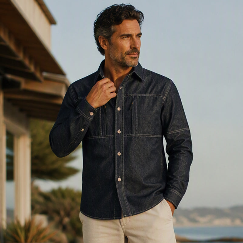 Men's Casual Denim Shirt with Zipper Pockets