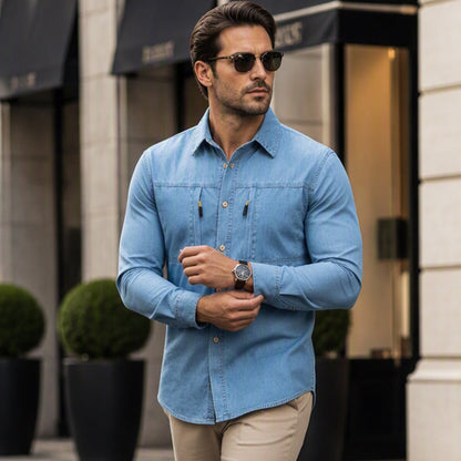 Men's Casual Denim Shirt with Zipper Pockets
