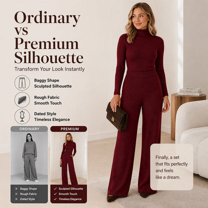 Women's Turtleneck Knit Top and Wide-Leg Pants Set