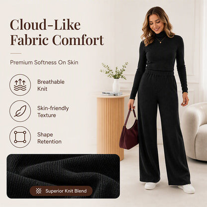 Women's Turtleneck Knit Top and Wide-Leg Pants Set