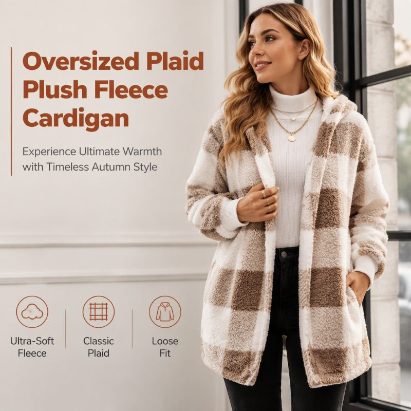 Women's Loose Plaid Color Block Hooded Cardigan