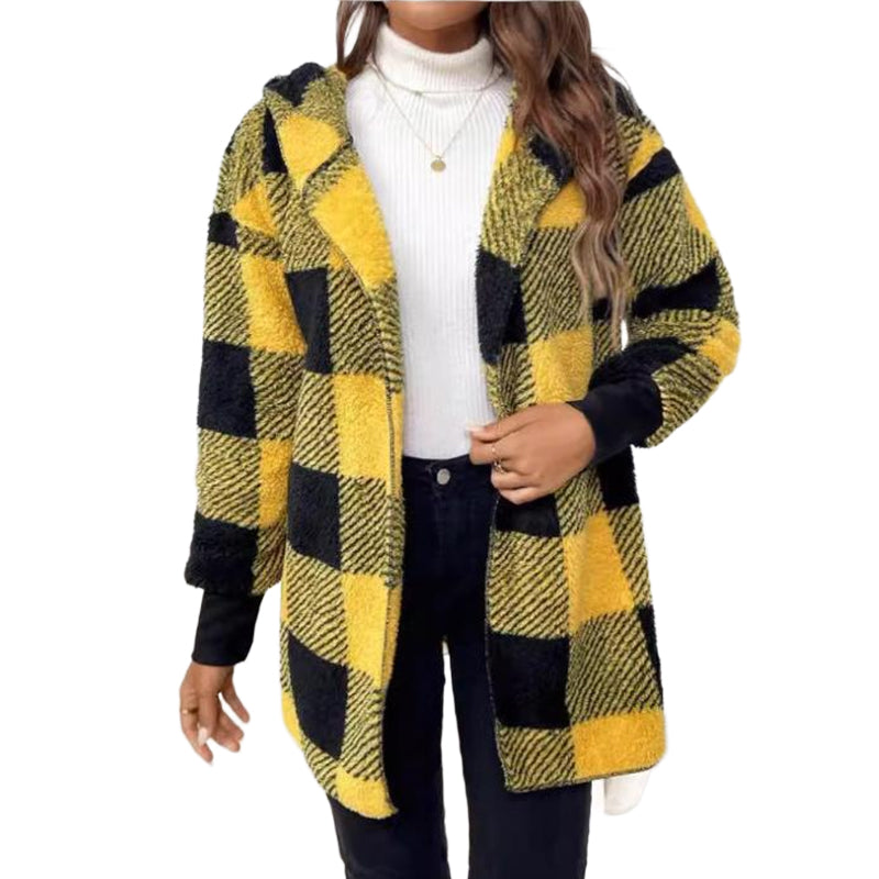 Women's Loose Plaid Color Block Hooded Cardigan