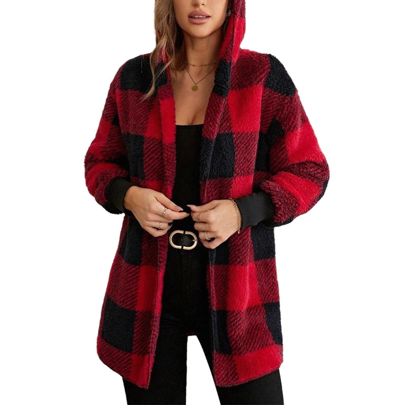 Women's Loose Plaid Color Block Hooded Cardigan