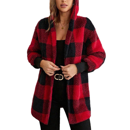 Women's Loose Plaid Color Block Hooded Cardigan