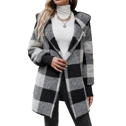 Women's Loose Plaid Color Block Hooded Cardigan