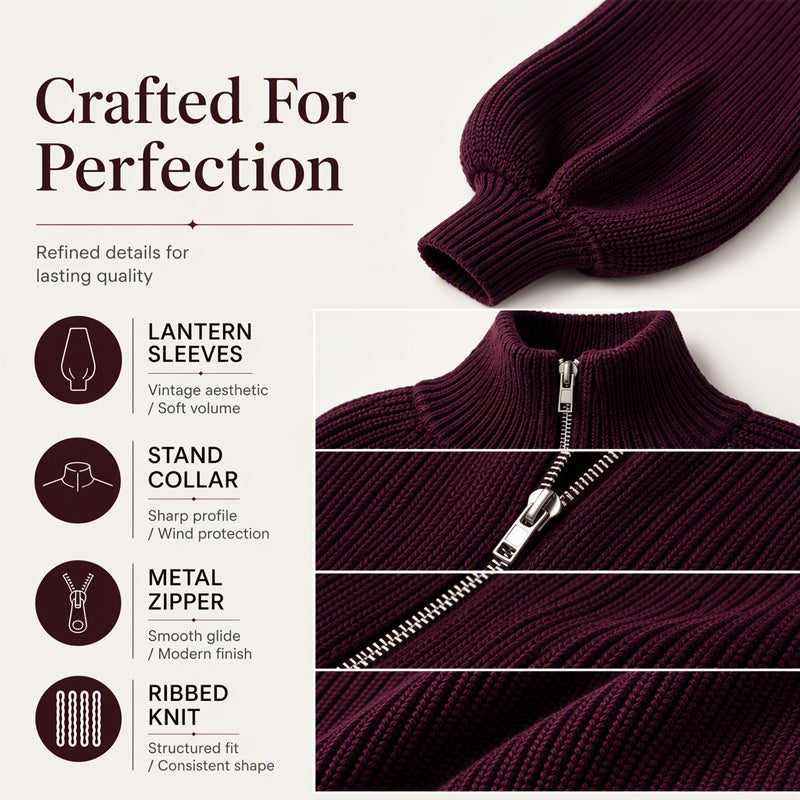 Women's Lantern Sleeve Zip-Up Knit Sweater