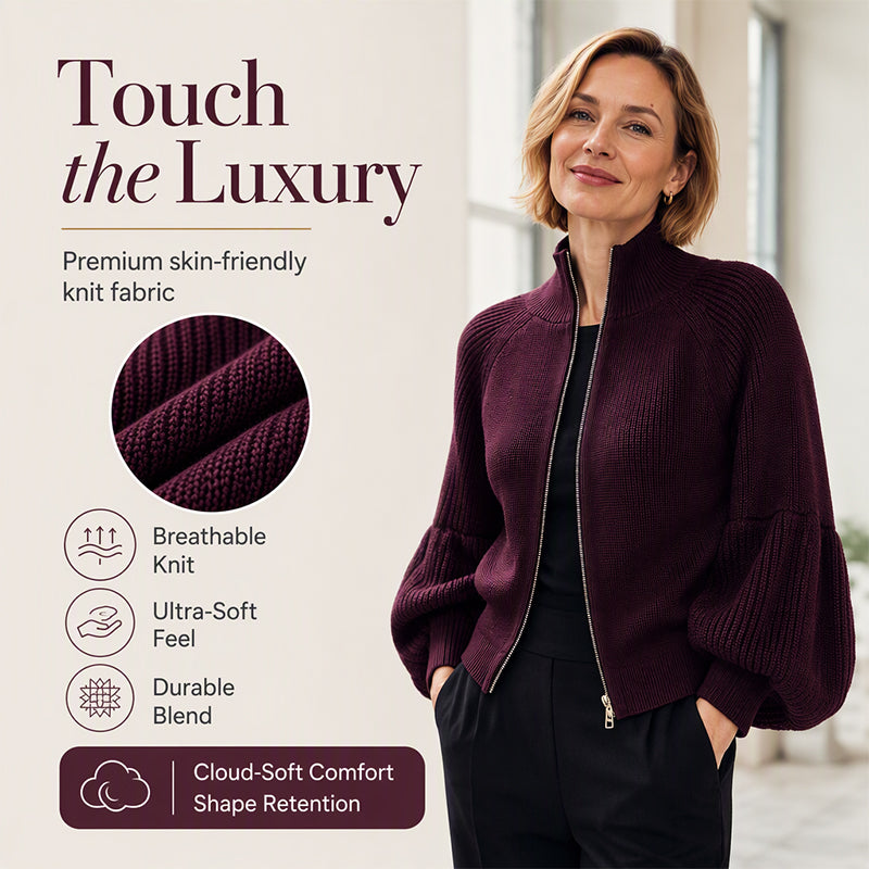 Women's Lantern Sleeve Zip-Up Knit Sweater
