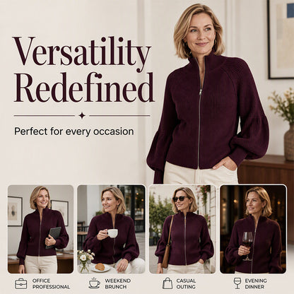 Women's Lantern Sleeve Zip-Up Knit Sweater