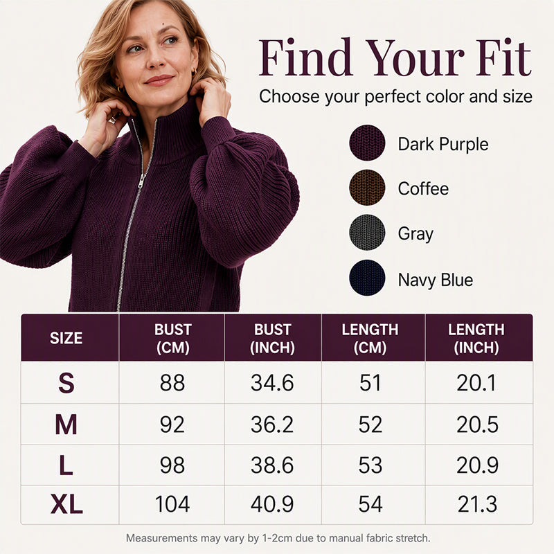 Women's Lantern Sleeve Zip-Up Knit Sweater