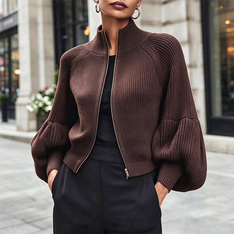 Women's Lantern Sleeve Zip-Up Knit Sweater