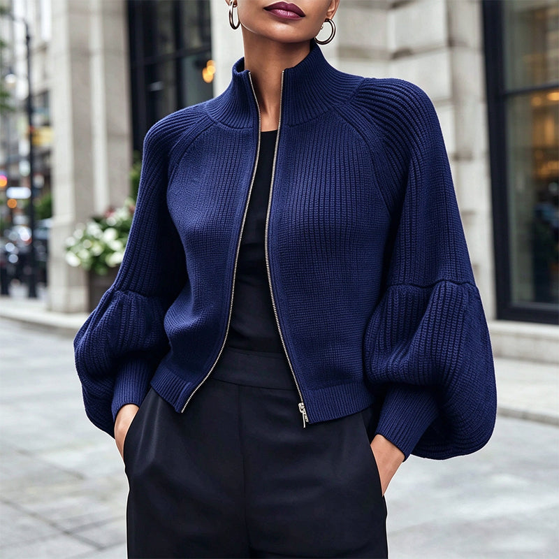 Women's Lantern Sleeve Zip-Up Knit Sweater