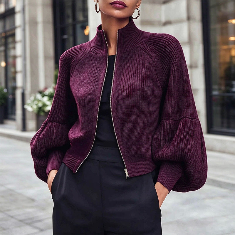 Women's Lantern Sleeve Zip-Up Knit Sweater