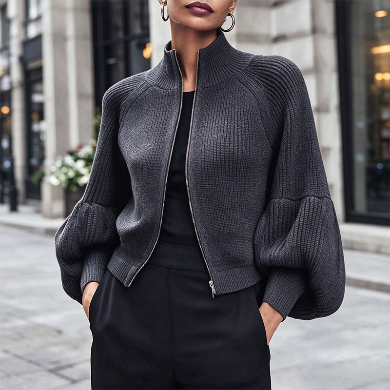Women's Lantern Sleeve Zip-Up Knit Sweater