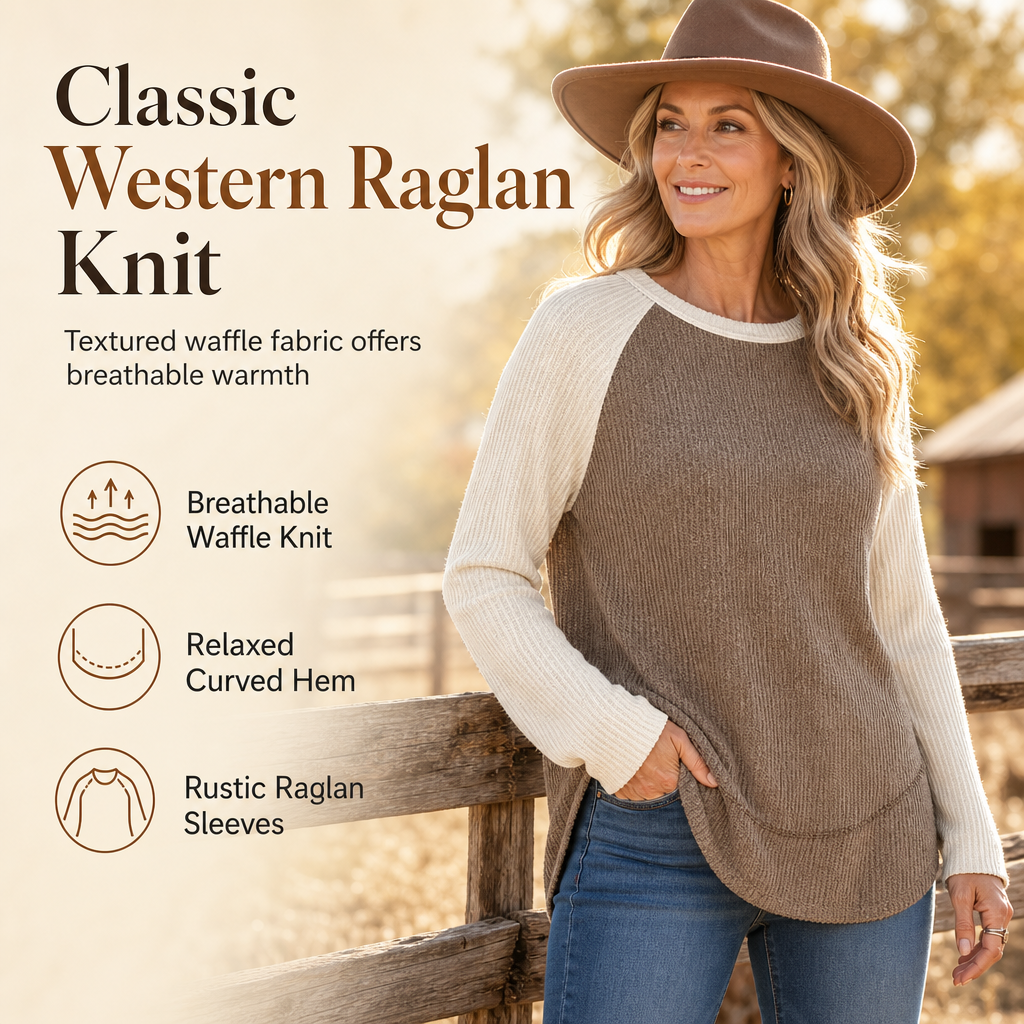 Women's Western Ranch Style Raglan Long Sleeve Knit Top with Textured Waffle Fabric and Curved Hem