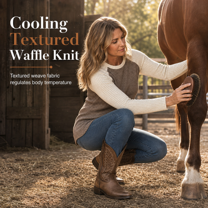 Women's Western Ranch Style Raglan Long Sleeve Knit Top with Textured Waffle Fabric and Curved Hem